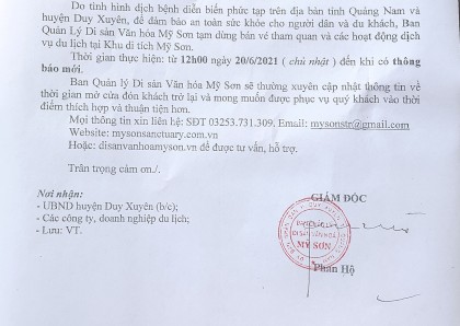 THÔNG BÁO TẠM DỪNG THAM QUAN KHU DI TÍCH MỸ SƠN TỪ NGÀY 20/6/2021