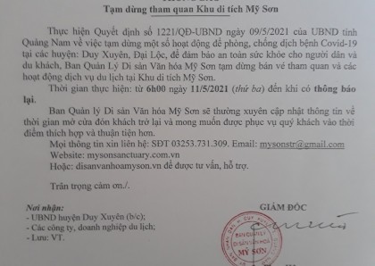 THÔNG BÁO TẠM DỪNG THAM QUAN KHU ĐỀN THÁP MỸ SƠN TỪ NGÀY 11/5