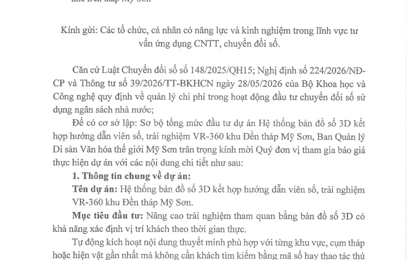 V/v mời cung cấp báo giá thực hiện dự ấn: Hệ thống bản đồ số 3D kết hợp hướng dẫn viên số, trải nghiệm VR-360 khu Đền tháp Mỹ Sơn