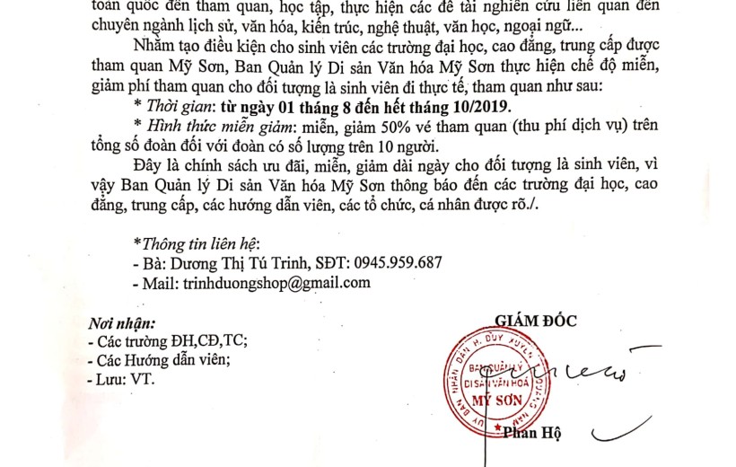 THÔNG BÁO MIỄN GIÁ VÉ THAM QUAN CHO ĐỐI TƯỢNG LÀ SINH VIÊN